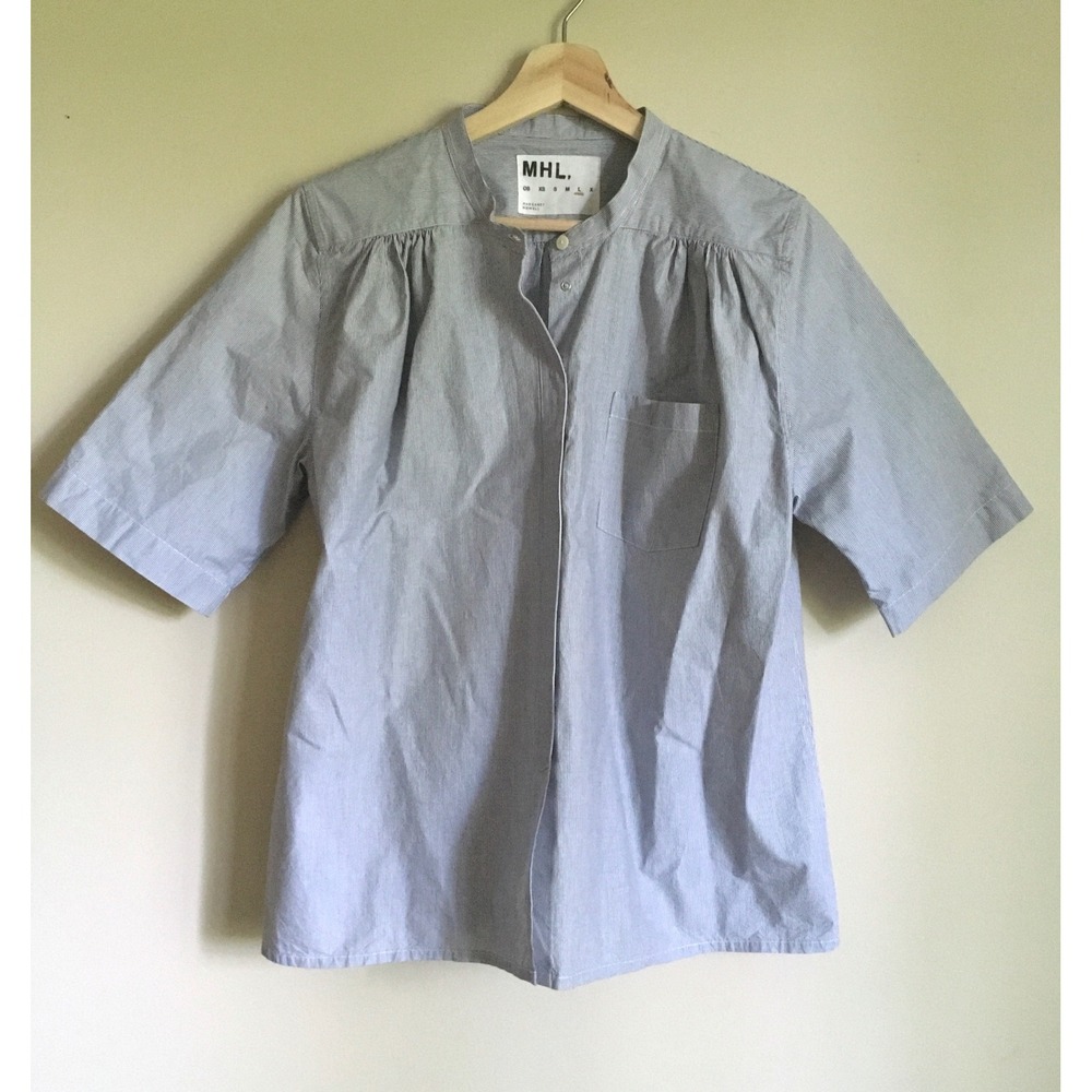 MHL Margaret Howell Blue Pinstripe Band Collar Shirt Cotton Short Sleeve Large